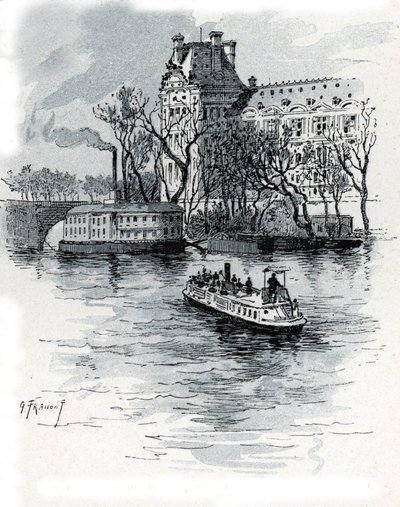 Pohled na Pavillon de Flore, Palais du Louvre, z Quai Voltaire, Paříž (Pohled na část Pavillon de Flore paláce Louvre z nábřeží Voltaire, Paříž) Kresba Gustava Fraiponta (1849-1923) ze Saint-Juirs od Gustave Fraipont