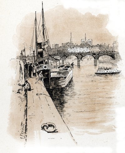Pohled na společnost Seine et Thames, jejíž lodě spojují Paříž a londýnskou kresbu Gustave Fraipont (1849-1923) čerpá z „La Seine A Travers Paris“ od Saint-Juirs od Gustave Fraipont