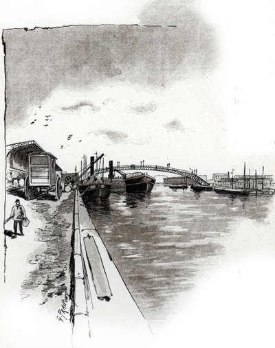 Pohled na lávku Canal de la Villette, Paříž (Lávka Canal de la Villette, Paříž) Kresba Gustava Fraiponta (1849-1923) čerpá z „La seine a travers Paris“ od Saint-Juirs od Gustave Fraipont