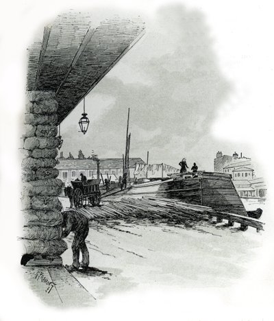 Pohled na hangáry přístavu La Villette v Paříži (loděnice a kůlna přístavu La Villette, Paříž) Kresba Gustava Fraiponta (1849-1923) čerpá z „La seine a travers Paris“ od Saint-Juirse od Gustave Fraipont