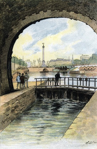 Pohled na zámek kanálu Saint Martin v Paříži kresba Gustave Fraipont (1849-1923) z „La Seine A Travers Paris“ od Saint-Juirs od Gustave Fraipont