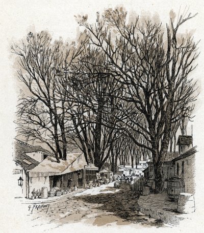 Pohled na nový sklad rue Leopold, bercy Paris (Pohled na sklad rue Leopold In bercy, Paříž) Kresba Gustava Fraiponta (1849-1923) čerpá z „La seine a travers Paris“ od Saint-Juirse od Gustave Fraipont