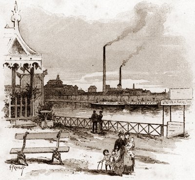 Pohled na quai de Javel v Paříži, actuel quai André-Citroen (Pohled na quai Andre Citroen dříve quai de Javel, Paříž) Kresba Gustava Fraiponta (1849-1923) čerpá z „La seine a travers Paris“ od Saint- Juirs od Gustave Fraipont