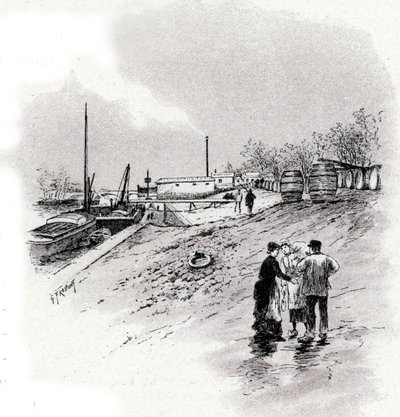 Pohled na břehy řeky Seiny a nábřeží Saint-Bernard, Paříž Kresba Gustava Fraiponta (1849-1923) čerpá z „La seine a travers Paris“ od Saint-Juirse od Gustave Fraipont