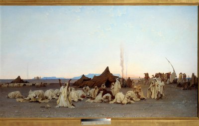 Večerní modlitba v detailu saharské pouště. Obraz Gustava Achille Guillaumet (1840-1887) 1863 Sun. 1,3x2,8m. Paříž, musee d