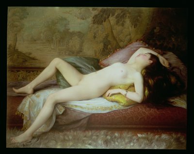 Akt ležící na lehátku (olej na plátně) od Gustave Henri Eugene Delhumeau