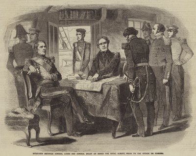 Rozhovor mezi admirálem Lyonsem a admirálem Bruatem na palubě Royal Albert před útokem na Kinburn od Gustave Janet