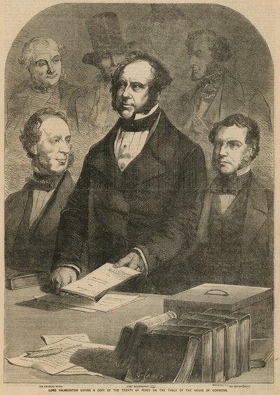 Lord Palmerston pokládá kopii mírové smlouvy na stůl Dolní sněmovny od Gustave Janet