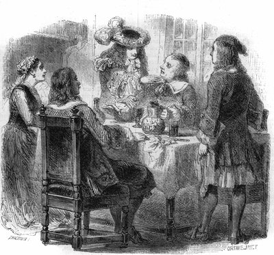 Ruský car Petr Veliký (1672-1725), heberge ve Francii s rodinou Kalfových, sleduje diskusi mezi svým hostitelem a opilcem, markýzem de Bernardini. Rytina Gustave Janet od Gustave Janet