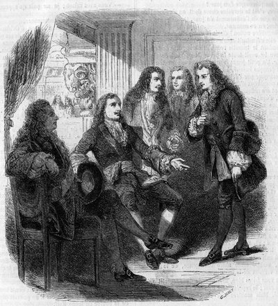 Setkání mezi ruským carem Petrem Velikým (1672-1725) a Voltairem (Francois Marie Arouet, dit) (1694-1778). Rytina Gustave Janet od Gustave Janet