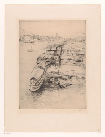 Kotvící lodě v Auteuil, Paříž Les bateaux Parisiens, Auteuil od Gustave Leheutre (signed by artist)