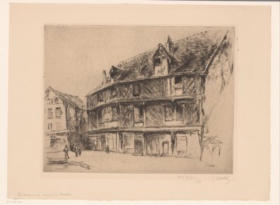 Ulice s domy a chodci v Chartres La maison du saumon (Chartres) (název na objektu) od Gustave Leheutre (signed by artist)