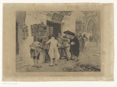 Muži se shromáždili kolem výkladní skříně knihkupců Les Bibliophiles (název na objektu) od Gustave Marie Greux