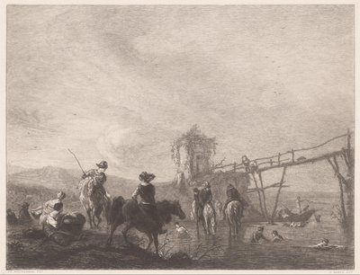 Odpočinek a plavání postavy na břehu Die pferdetränke (název na objektu) od Gustave Marie Greux