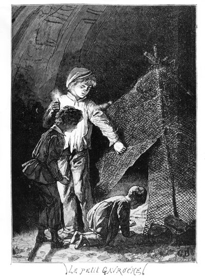 Gavroche a jeho dva bratři v Bastille Elephant, ilustrace z Les Miserables (1845-62) od Victora Huga (1802-85), c. 1885 od Gustave after Brion