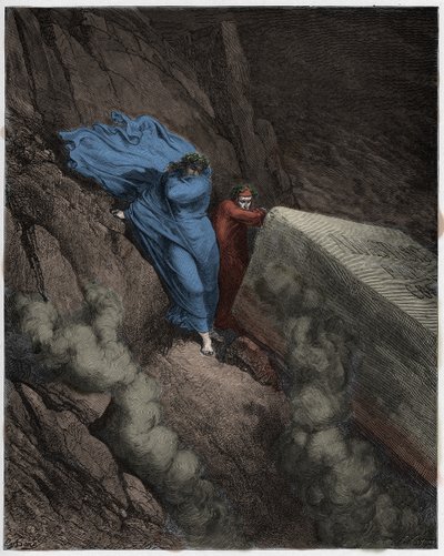 Inferno, Canto 11: Hořící hrobka papeže Anastasia II (Anastase II), ilustrace z Božské komedie od Dante Alighieriho, 1885 (digitálně kolorovaná rytina) od Gustave after Dore