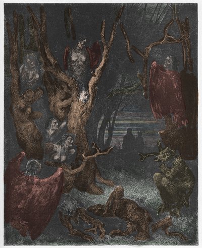 Inferno, Canto 13 : Harpyje v lese sebevrahů, ilustrace z Božské komedie Dante Alighieriho, 1885 (digitálně kolorovaná rytina) od Gustave after Dore