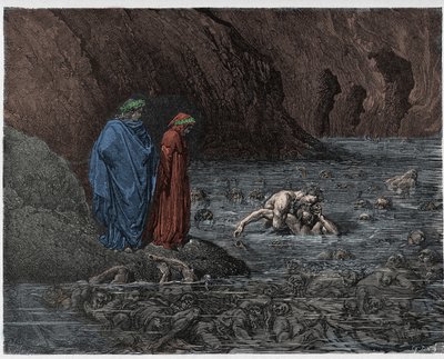Inferno, Canto 32: Ugolino (Ugolin della Gherardesca) hlodá hlavu arcibiskupa Ruggieriho (Ruggeri Ubaldini), ilustrace z Božské komedie od Dante Alighieriho, 1885 (digitálně kolorováno a od Gustave after Dore