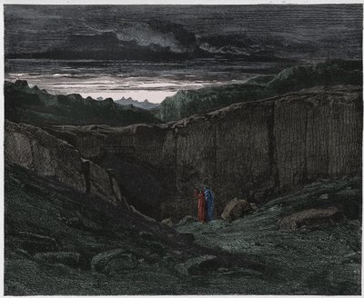 Inferno, Canto 3: Virgil and Dante at the gates of Hell, ilustrace z Božské komedie od Dante Alighieriho, 1885 (digitálně kolorovaná rytina) od Gustave after Dore