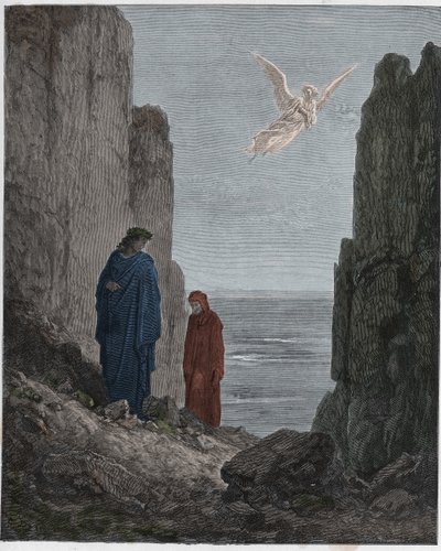 Purgatorio, Canto 19: Básníci vystupují do pátého kruhu, ilustrace z Božské komedie od Dante Alighieriho, 1885 (digitálně kolorovaná rytina) od Gustave after Dore