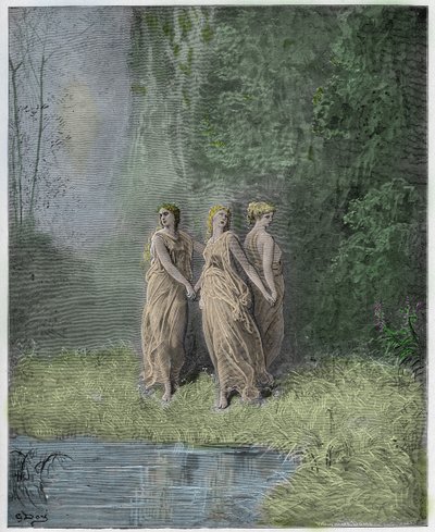 Purgatorio, Canto 29: Charity, Hope, and Faith, ilustrace z Božské komedie od Dante Alighieriho, 1885 (digitálně kolorovaná rytina) od Gustave after Dore