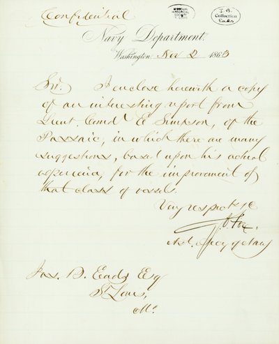 Dopis podepsaný G.V. Fox, ministerstvo námořnictva, Washington, Jasovi. B. Eads [James B. Eads], St. Louis, MO, 2. listopadu 1863 od Gustavus Vasa Fox