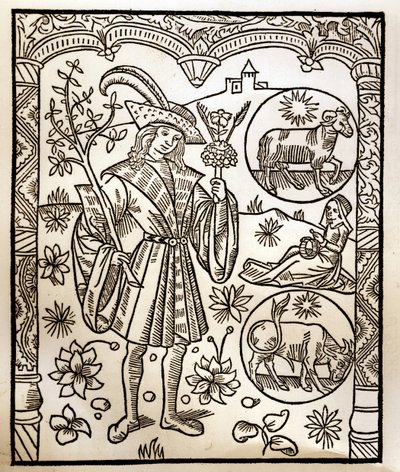 Pastýřský kalendář - Práce měsíců - Duben - Dřevoryt z knihy z roku 1496 vytištěné Guy Marchantem (Guido Mercator) v Troyes - Dřevoryt v „Le grand Calendrier et compost des shepherds“ - od Guy Marchant