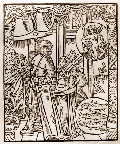 Pastýřský kalendář - Práce měsíců - Únor - Dřevoryt z knihy z roku 1496 vytištěné Guyem Marchantem (Guido Mercator) v Troyes - Dřevoryt v „“Le grand Calendrier et compost des shepherds““ - od Guy Marchant