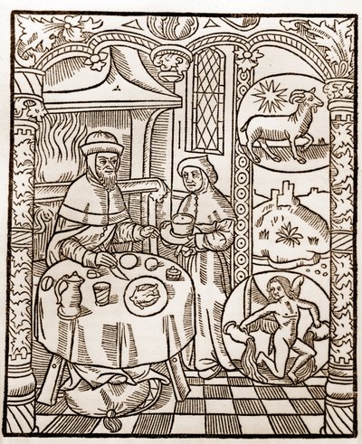 Pastýřský kalendář - Práce měsíců - Leden - Dřevoryt z knihy z roku 1496 vytištěné Guy Marchantem (Guido Mercator) v Troyes - Dřevoryt v „Le grand Calendrier et compost des shepherds“ - od Guy Marchant
