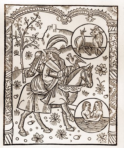 Pastýřský kalendář - Práce měsíců - Květen - Dřevoryt z knihy z roku 1496 vytištěné Guyem Marchantem (Guido Mercator) v Troyes - Dřevoryt v „Le grand Calendrier et compost des shepherds“ - od Guy Marchant