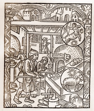 Pastýřský kalendář - Práce měsíců - Listopad - Dřevoryt z knihy z roku 1496 vytištěné Guyem Marchantem (Guido Mercator) v Troyes - Dřevoryt v „“ Le grand Calendrier et compost des Shepherds““ - Pec na chleba - od Guy Marchant
