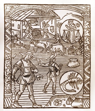 Pastýřský kalendář - Práce měsíců - Září - Dřevoryt z knihy z roku 1496 vytištěné Guy Marchantem (Guido Mercator) v Troyes - Au premier plan, des peassans sement a la volee - Dřevoryt v „Le grand Calendrier et compost des shepherds“ - od Guy Marchant