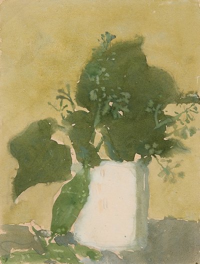 Zelené listy v bílém džbánu (akvarel, kvaš a tužka na papíře) od Gwen John