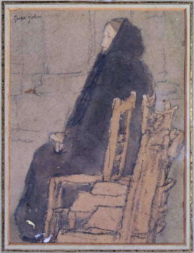Stará žena v černém šátku (akvarel, tělová barva a černá pastelka na béžovém papíře) od Gwen John