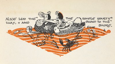 Ilustrace Alenky a zvířátek, jak si plavou z filmu "The Pool of Tears". Mezi zvířaty jsou dodo, myš, opice, ryba, krab, veverka a kachna. od Gwynedd M. Hudson