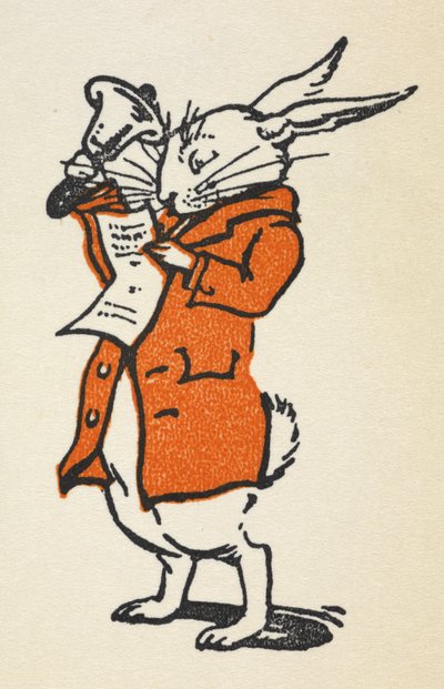 Ilustrace bílého králíka v červeném kabátku, který zvoní na velký zvon a čte. od Gwynedd M. Hudson
