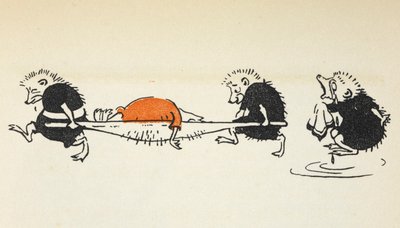 Ilustrace dvou ježků nesoucích zraněného hráče kroketu, za nimiž jde další plačící ježek. od Gwynedd M. Hudson