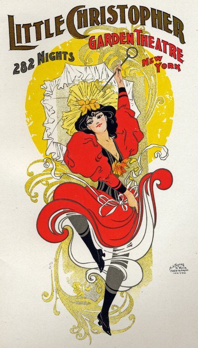 Zábava. Tanec. Cancan tanečník. Plakát od H.A. Thomas na představení v Little Christopher Theatre, New York, USA, kolem roku 1895 (plakát) od H.A. Thomas