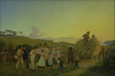 Farmáři se z pole vracejí domů s posledním nákladem obilí od H.J. Hammer