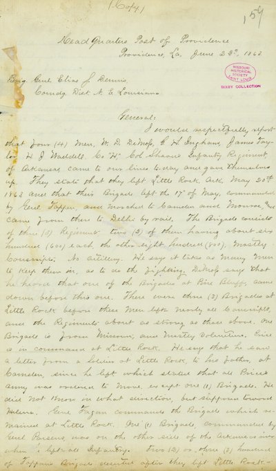 Dopis H. T. Reida, ústředí, Post of Providence, Louisiana, brigádnímu generálovi Eliasovi S. Dennisovi, 22. června 1863 od H.T. Reid