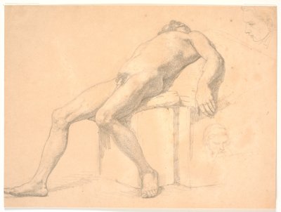 Studie ležícího mužského nahého modelu. T.h. dvě portrétní hlavy, jedna možná Constantin Hansen od H.W. Bissen