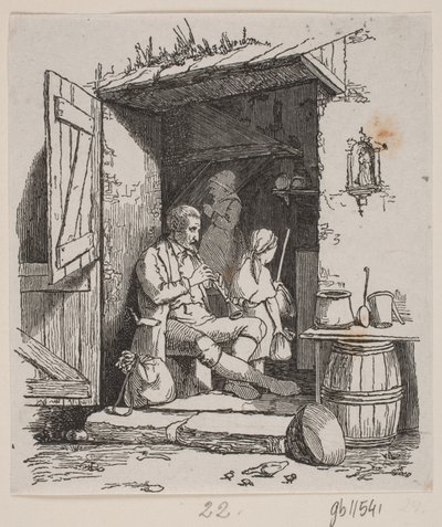 Italský hudebník sedí v otevřených dveřích od H. C. Henneberg