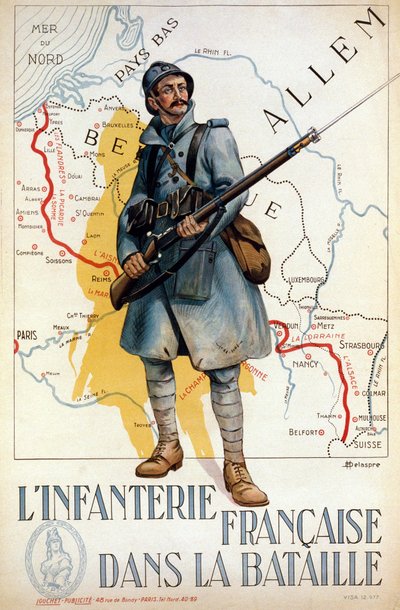 Francouzská pěchota v bitvě (červená čára představuje Hindenburgovu linii) - nemoc. od H. Delaspre od H. Delaspre
