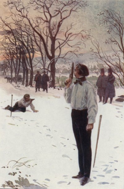 Henri, stojící na místě a zakrývající si obličej pistolí, čekal (barva litho) od H. Delaspre