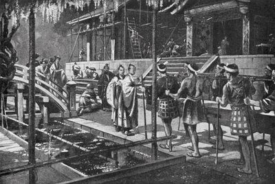 Stavba nového paláce pro císaře (litografie) od H. M. (after) Burton