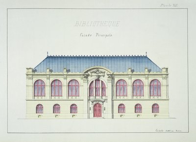 Hlavní průčelí knihovny, deska XII z folia vzorů, kolem roku 1870 od H. Monnot