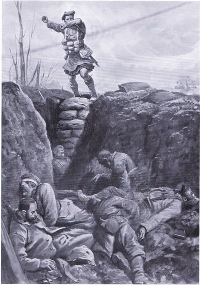 Vojín Brown (Gordon Highlander) bombarduje nepřítele v německém zákopu z vrcholu barikády. (litho) od H. Ripperger