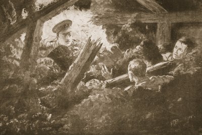 Podporučík C.F.H. Calvert vykopává a zachraňuje dva muže z minové galerie, která spadla do moře. od H. Ripperger