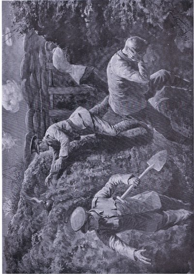 Druhý poručík Rochfort zvedne bombu, která měla vybuchnout, a mrští ji ze zákopu (oceněno VC) (litho) od H. Ripperger