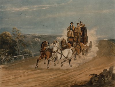 The Mail Coach behind Time (barevná rytina) od H. Walker